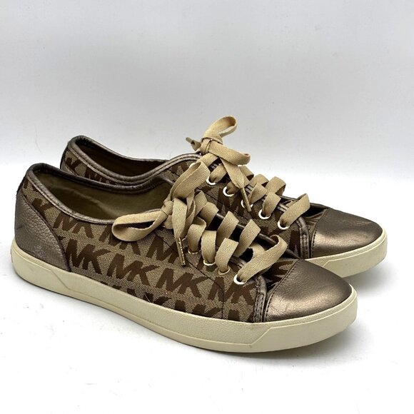 Michael Kors MK Signature Logo Print Lace Up Sneakers Brown Metallic Leather 10 - Picture 1 of 10